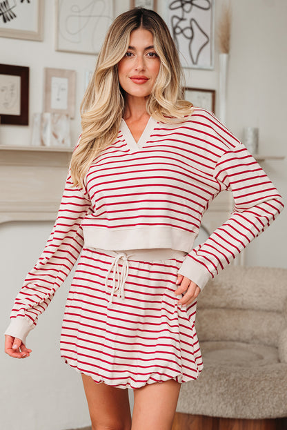 Red Stripe Cropped Collared Drop Shoulder Pullover and Bubble Mini Skirt Set