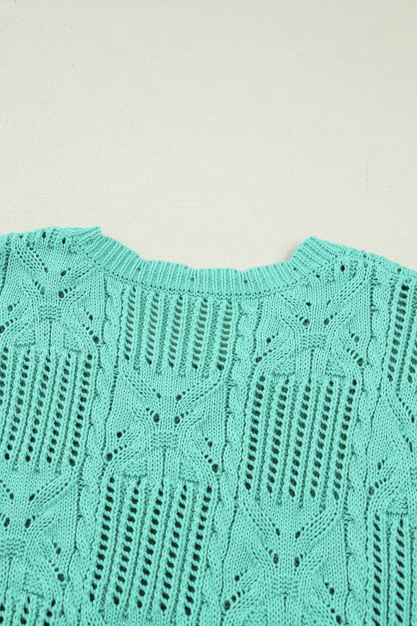 Mint Green Pointelle Knit Patterned Scalloped Trim Short Sleeve Sweater