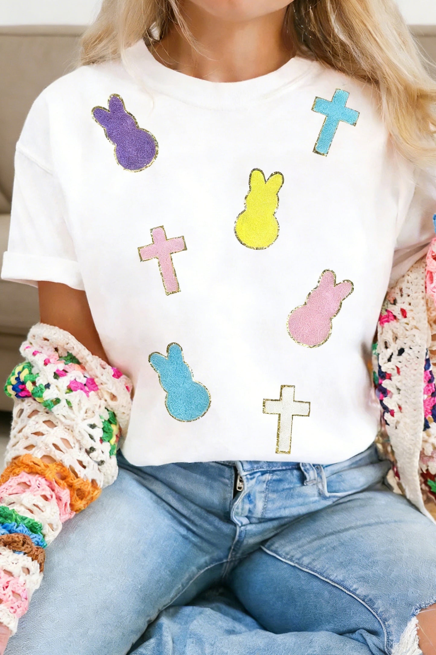 White Chenille Bunny Cross Patch Easter T Shirt