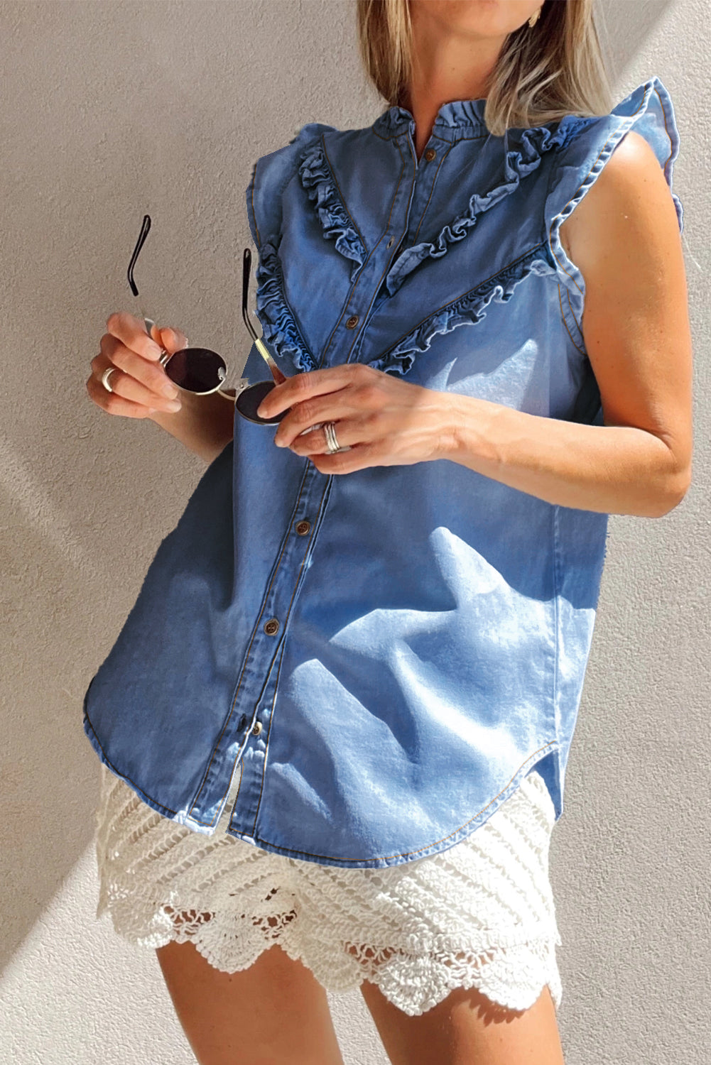 Beau Blue Mineral Wash Frilled Button Up Denim Shirt