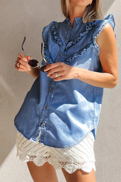 Beau Blue Mineral Wash Frilled Button Up Denim Shirt