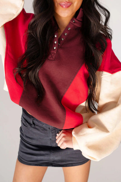 Fiery Red Color Block Patchwork Snap Button Oversize Hoodie