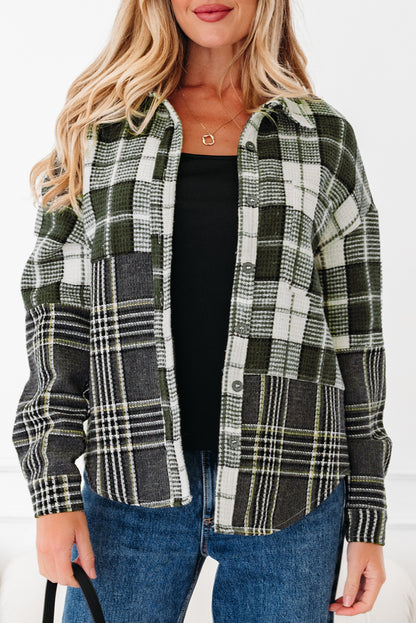 Black Plaid Print Textured Knit Buttoned Shacket