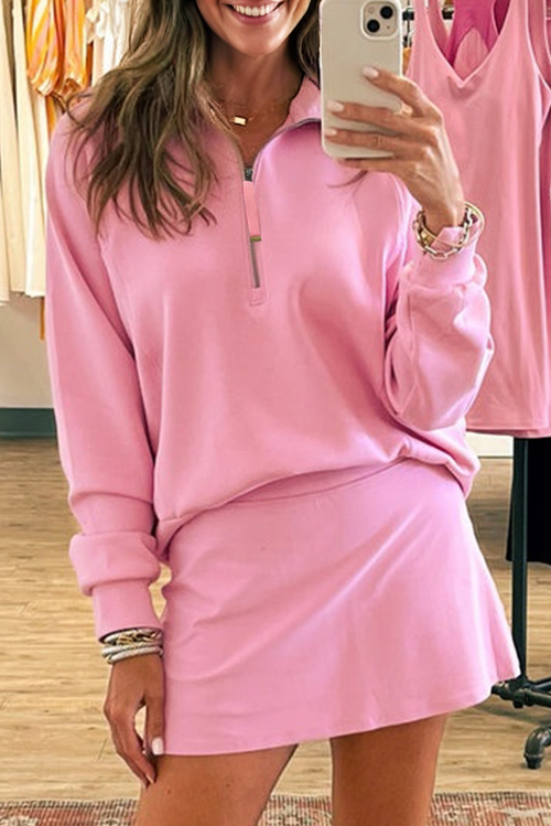 Pink Half Zip Sporty Pullover Mini Skirt 2pcs Outfit