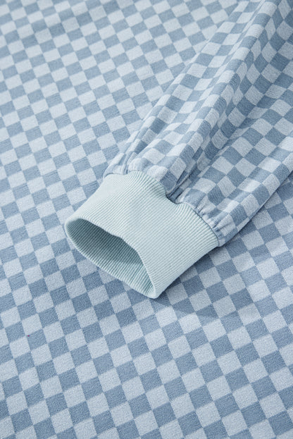 Sky Blue Checkerboard Long Sleeve Pullover and Shorts Set