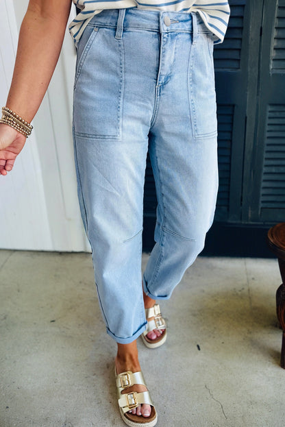 Beau Blue High Rise Barrel Relaxed Patch Pocket Jeans