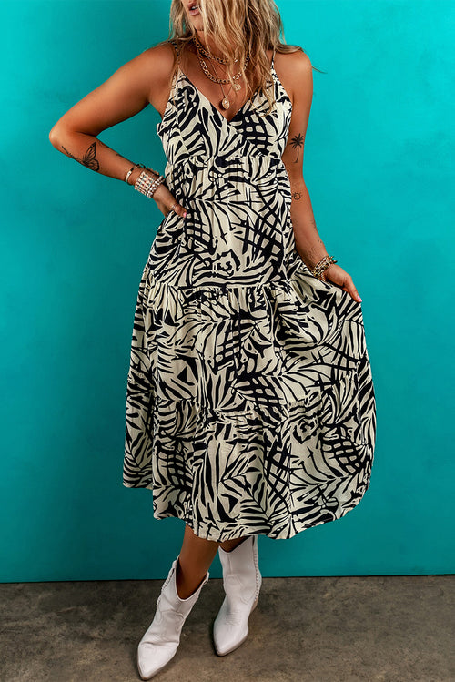 Khaki Tropical Palm Print Wrapped V Neck Spaghetti Straps Tiered Dress