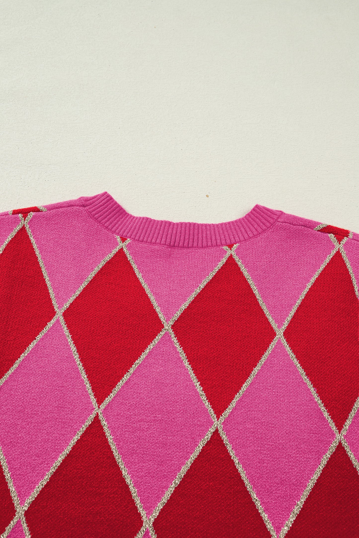 Rose Glitter Trim Rhombus Pattern Knit Sweater Vest