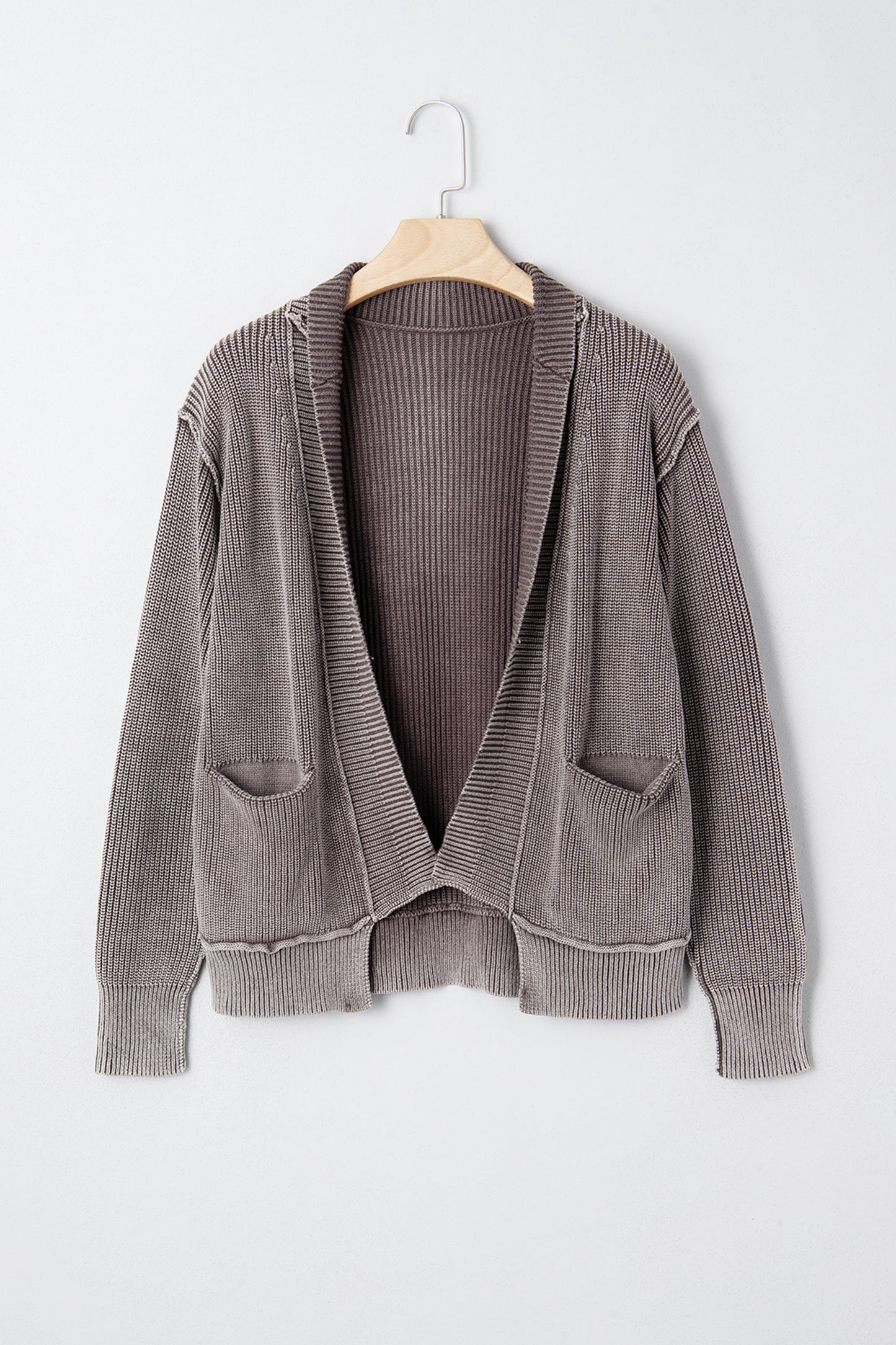 Chestnut Mineral Wash Exposed Seam Patchwork Knit Open Sweater Cardigan