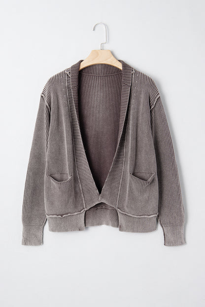 Chestnut Mineral Wash Exposed Seam Patchwork Knit Open Sweater Cardigan
