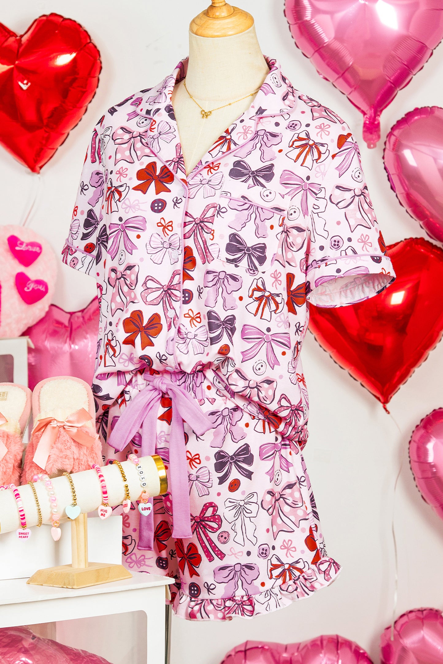 Pink Cute Ribbon Bows Printed Shirt Style 2pcs Short Pajama Set