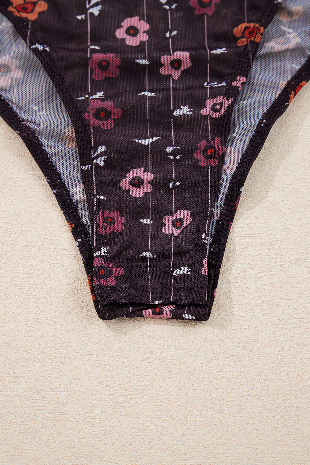 Black Floral Print Smocked Cuff Slim Fit Mesh Bodysuit