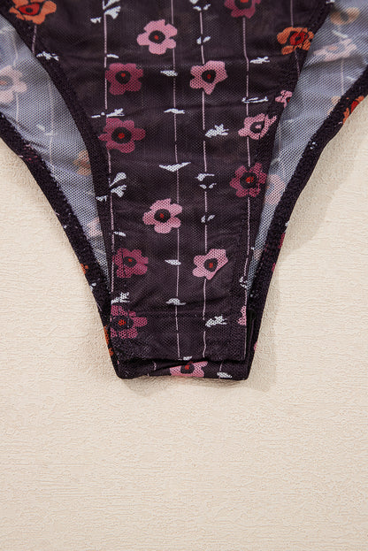 Black Floral Print Smocked Cuff Slim Fit Mesh Bodysuit