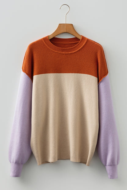 Khaki Color Block Plain Ribbed Knit Baggy Sweater