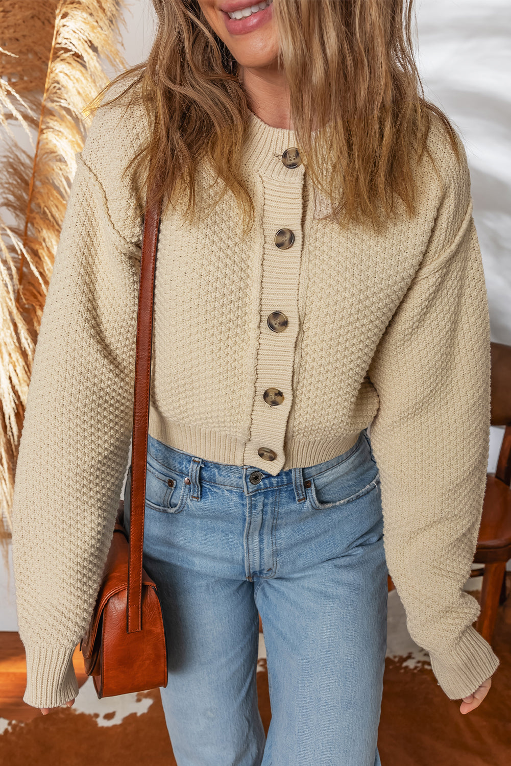 Beige Button Front Cropped Cardigan Sweater