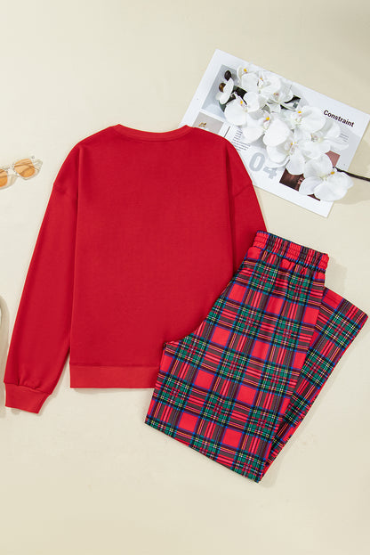 Red Plaid Mama Graphic Christmas Holiday Crewneck Pullover and Pants Two Piece Lounge Set