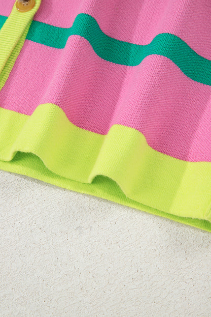 Pink Stripe Colorblock Drop Shoulder Buttoned Loose Cardigan