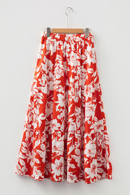 Red High Split Floral Western Cowgirl Maxi Skirt