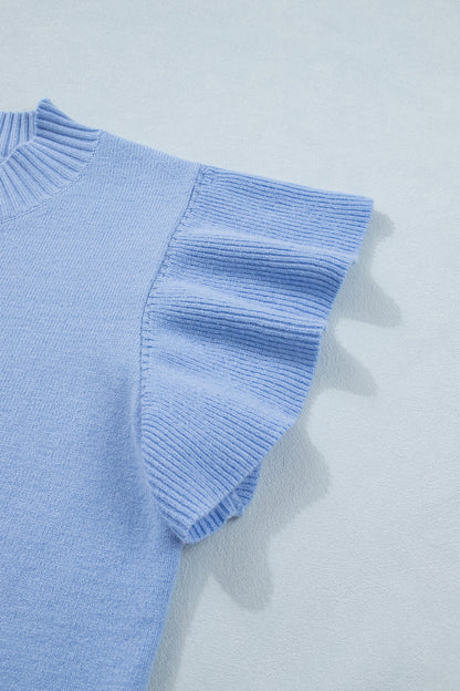 Beau Blue Solid Color Ribbed Trim Round Neck Ruffle Short Sleeve Sweater