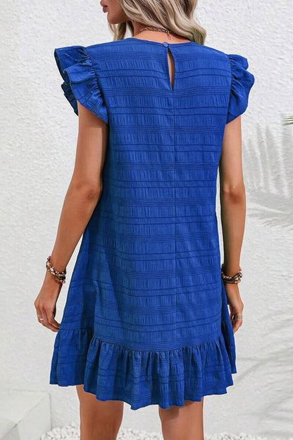 Dark Blue Textured Flutter Sleeve Ruffled Mini Dress