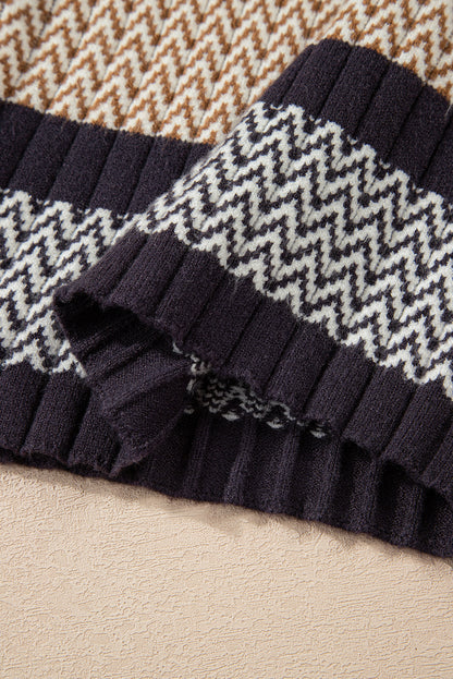 Brown Stripe Stylish Pattern Knitted Ribbed Trim Slim Sweater