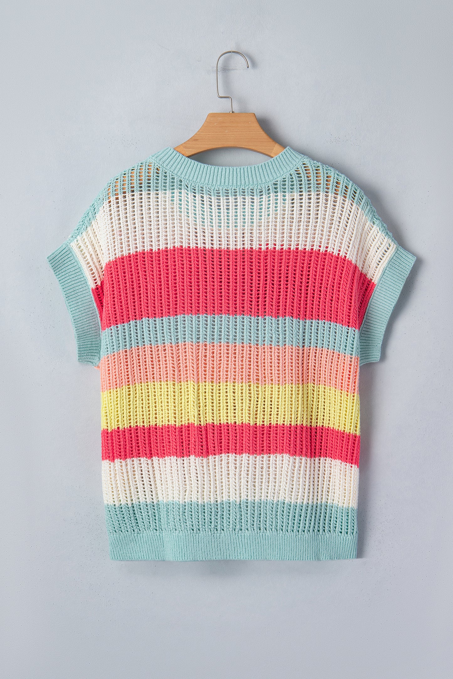 Green Stripe Color Block Hollow Out Knit Short Sleeve Sweater
