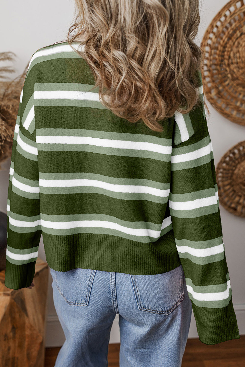 Green Stripe Drop Shoulder Buttons Cardigan Sweater