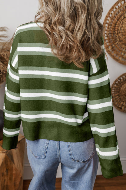 Green Stripe Drop Shoulder Buttons Cardigan Sweater