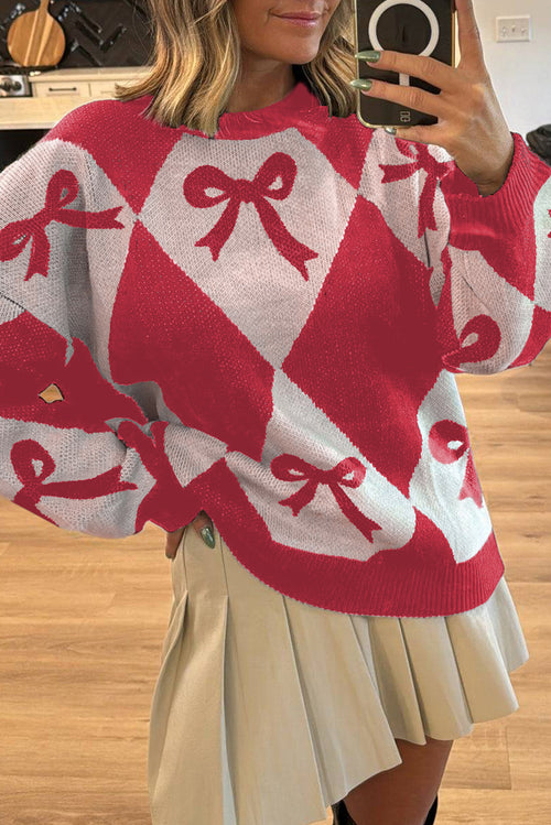 Red Bow Print 2-tone Rhombus Knit Loose Sweater
