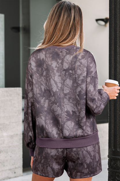 Brown Abstract Woodland Camo Print Baggy Pullover Drawstring Shorts Set