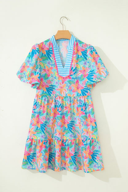 Multicolour Floral Print Contrast Scallop Striped Trim V Neck Dress