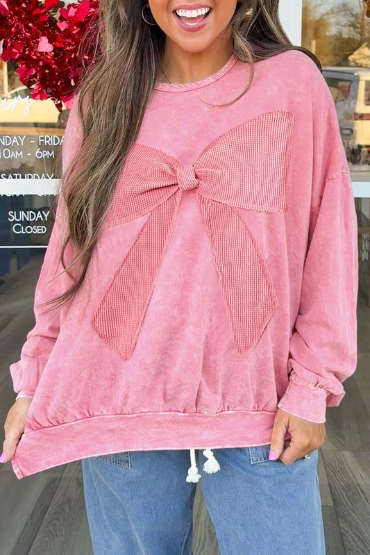 Bright Pink Mineral Wash Big Bow Patchwork Pullover Sweatshirt