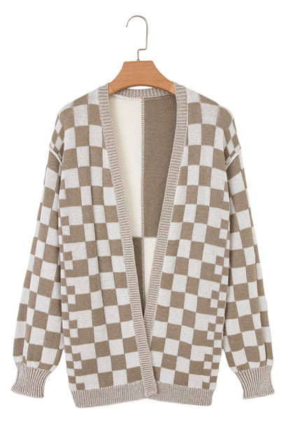 Black Checkered Open Front Drop Shoulder Cardigan