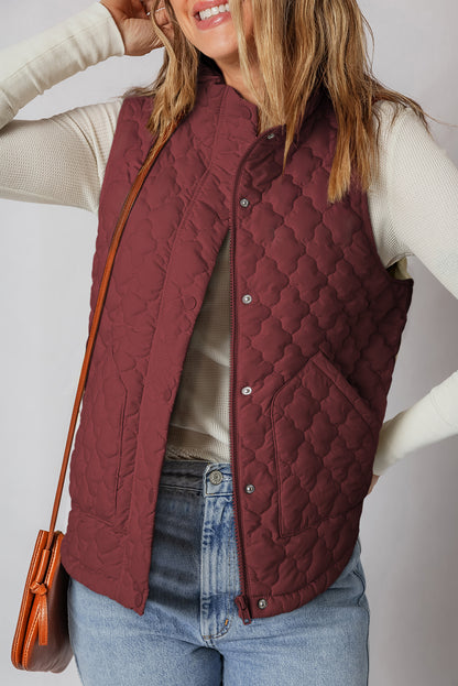 Dark Brown Flower Shape Quilted Snap Button Zip Up Winter Vest