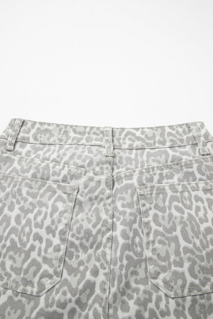 Sky Blue Leopard Frayed Edge Wide Leg High Waist Jeans