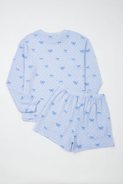 Sky Blue Valentines Bow Print Twisted Rib Loose Long Sleeve Top 2pcs Short Set