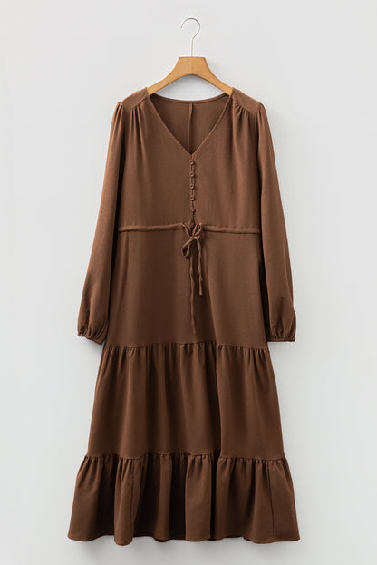 Chestnut Solid Long Sleeve Button V Neck Tiered Maxi Dress