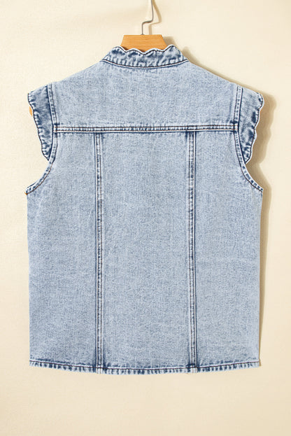 Beau Blue Scalloped Trim Patch Pocket Button Front Denim Vest