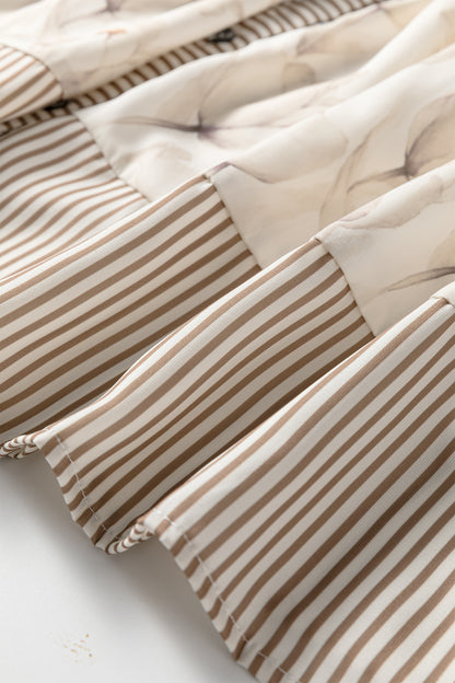 Khaki Plus Size Floral Print Striped Trim Patchwork Button Down A-line Dress