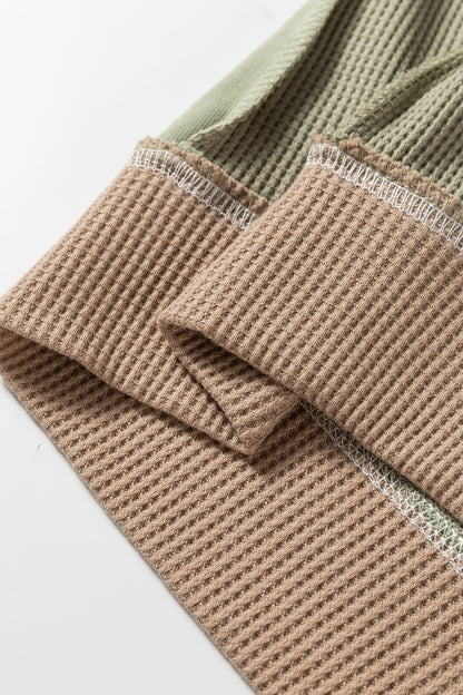 Smoke Green Color Block Mix Texture Waffle Patchwork Oversize Sweatshirt