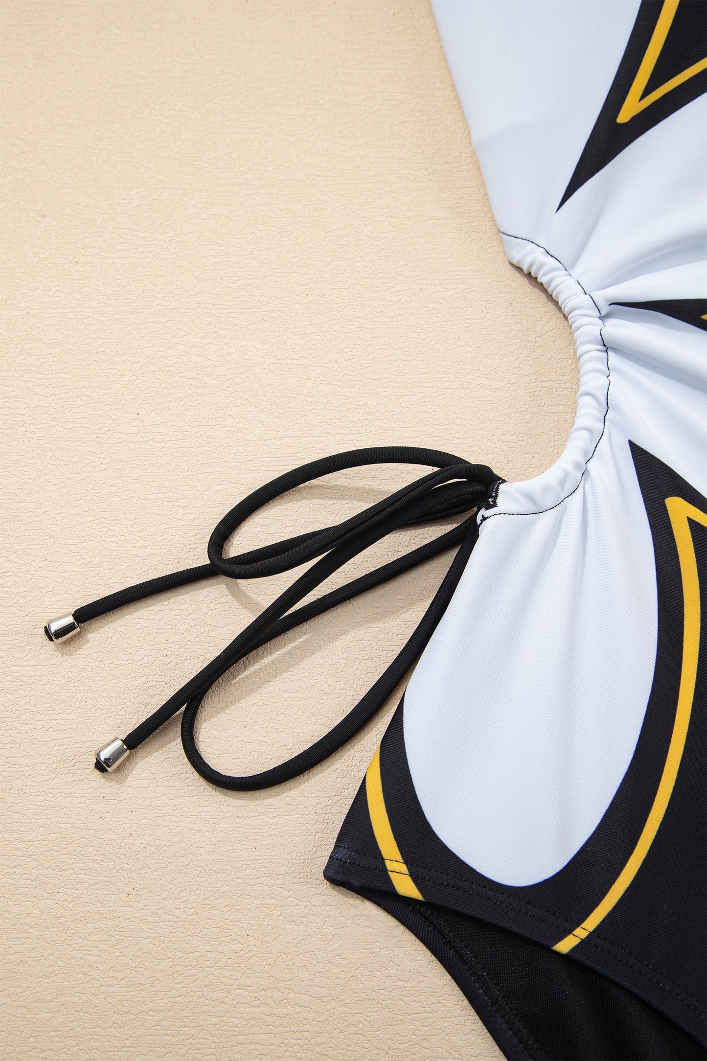 Black Drawstring Big Hole Floral Print Sleeveless One Piece Swimsuit