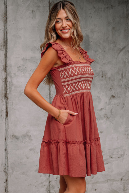 Red Sandalwood Geometric Stitch Shirred Bodice Ruffled Trim Sleeveless Mini Dress
