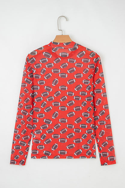 Red Game Day Rugby Mesh Sheer Long Sleeve Top