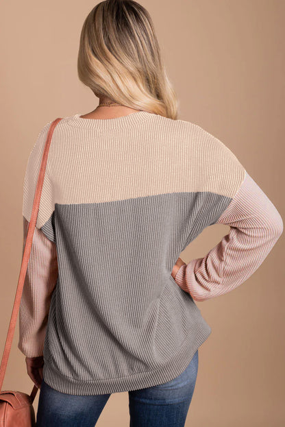 Khaki Color Block Long Sleeve Ribbed Loose Top