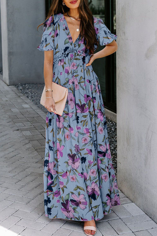 Sky Blue Fiery Floral Print Frilled V Neck Short Sleeve Maxi Dress
