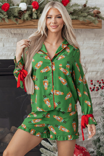 Green Christmas Candy Contrast Trim Bow Knot Silky 2pcs Pajama Set