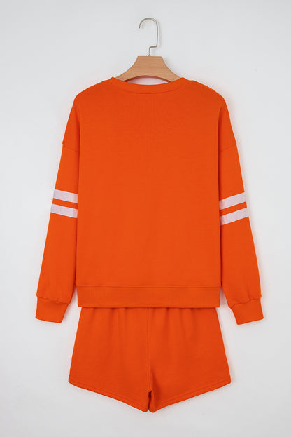 Orange Varsity Striped Sleeve Drop Shoulder Sweatshirt and Short Set