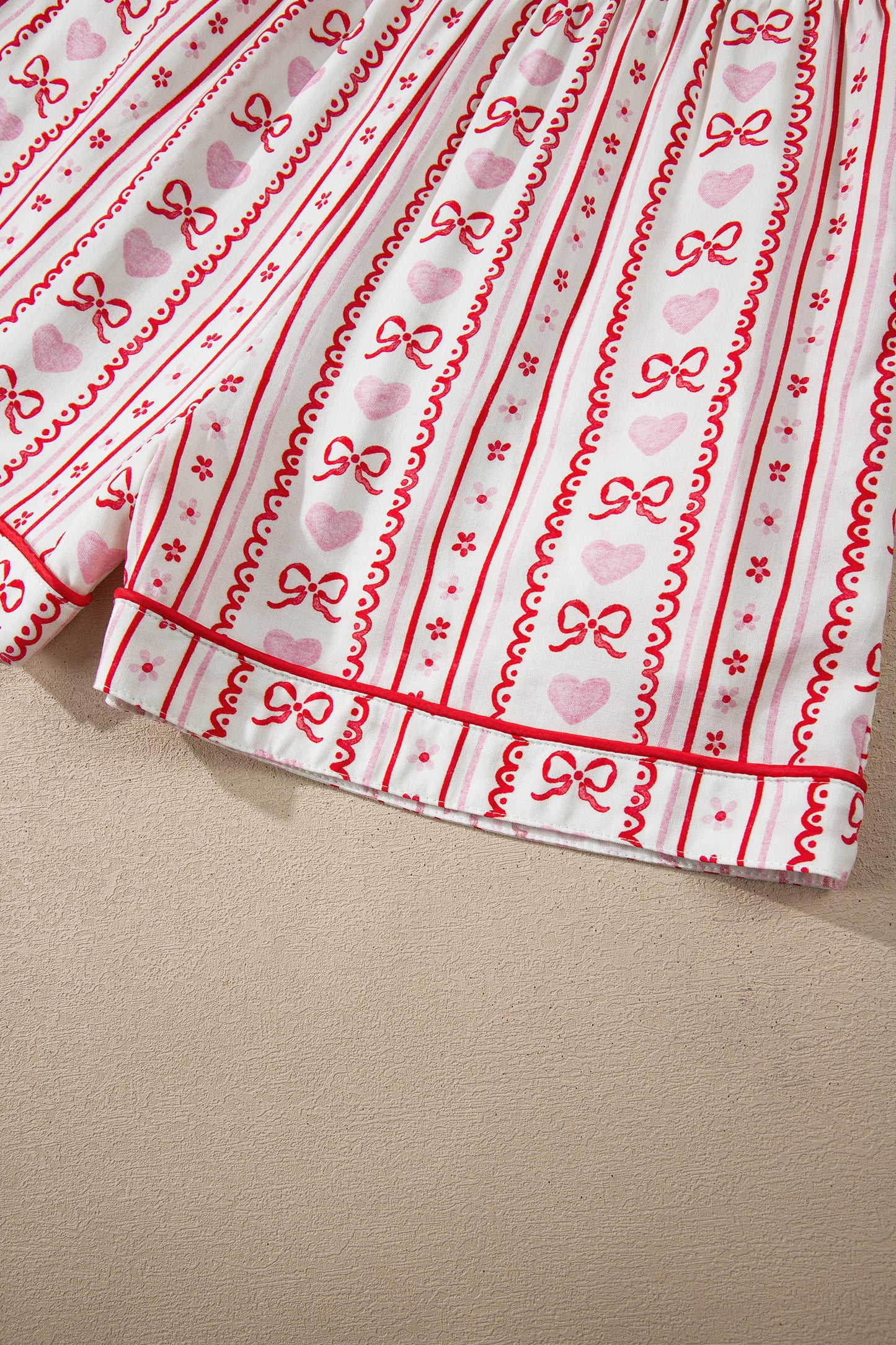 Red Cute Bow Heart Print Ribbon Decor Short 2pcs Pajama Set