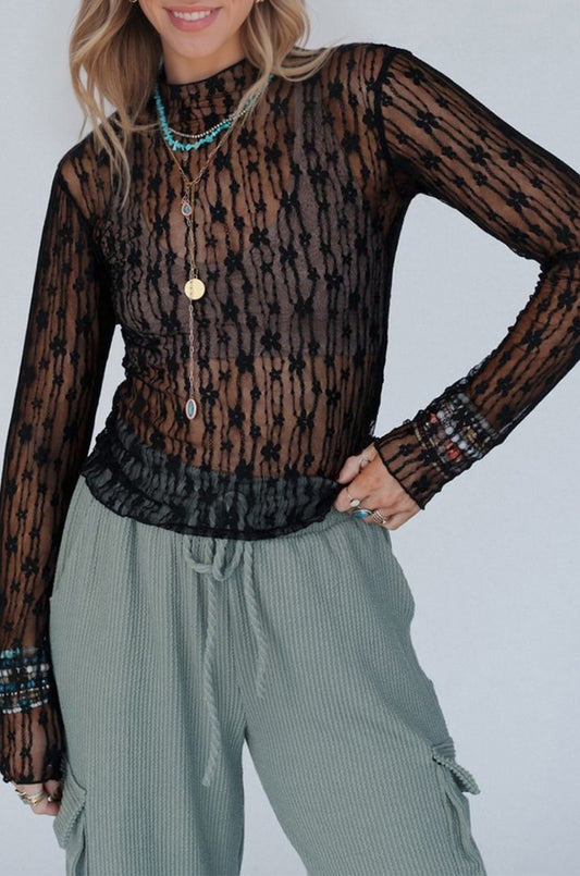 Black Sheer Floral Lace Long Sleeve Slim Fit Top