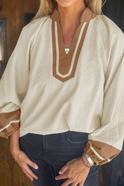 Black Color Block Patchwork Detail V Neck Textured Long Sleeve Blouse